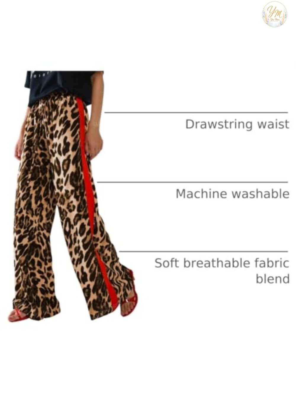 Leopard Print Wide Leg Drawstring Pants Side Stripe Casual - Picture 3 of 6